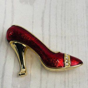 Vtg Red Enamel Gold Rhinestone High Heel Brooch